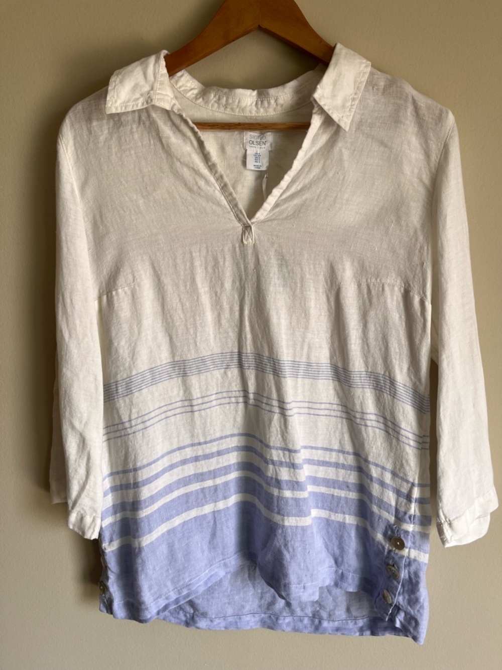 Sigrid Olsen NEW Women's V Neck 100% Linen Tunic White & Blue Stripes Size Small